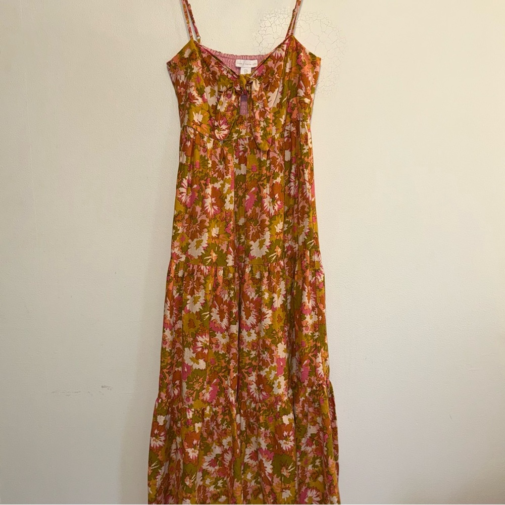 House of Harlow Bow Tie Front Linen Blend Tiered Maxi Dress in Mustard-Pink sz M - Picture 2 of 10